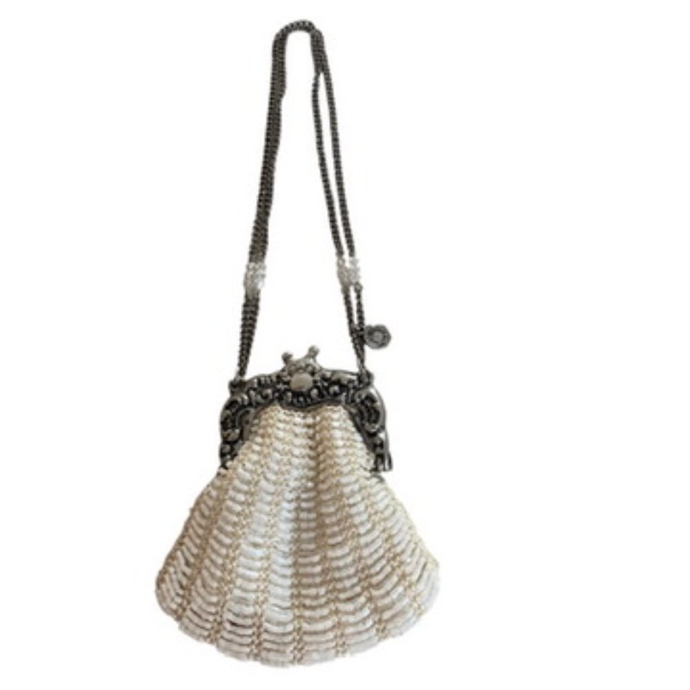 Clara Studio VTG Ivory beaded Evening Fan Purse/Clutch metal swarovski Crystal